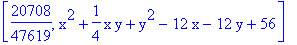 [20708/47619, x^2+1/4*x*y+y^2-12*x-12*y+56]